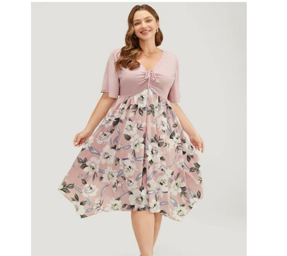 Bloomchic Blush Pink Floral Handkerchief Hem A-line Dress Women 28W